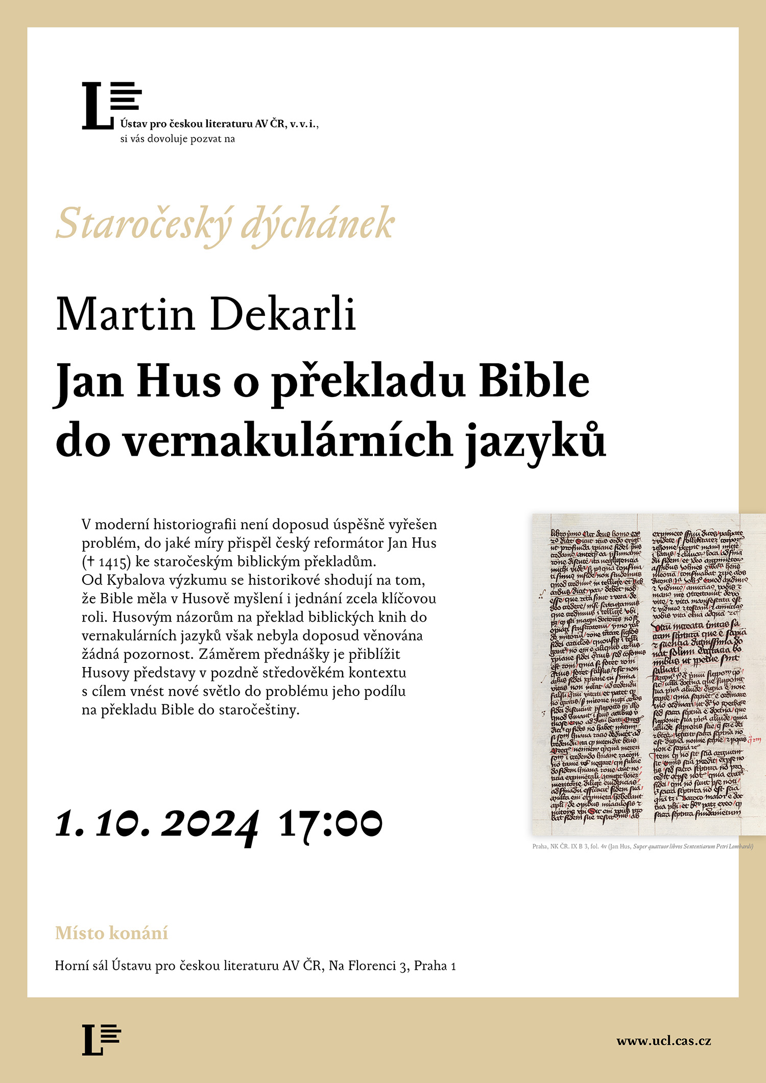 pozvánka – Martin Dekarli: Jan Hus o překladu Bible do vernakulárních jazyků (1. 10. 2024)