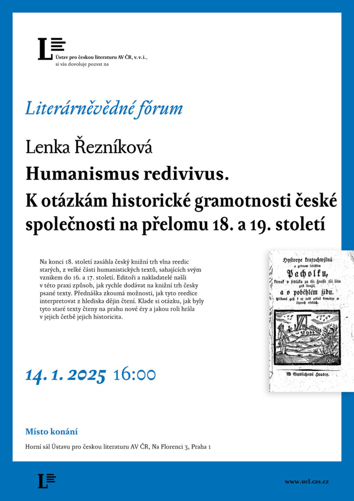 Lenka Řezníková – Humanismus redivivus. K otázkám historické gramotnosti české společnosti na přelomu 18. a 19. století (pozvánka)